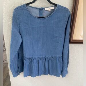 LOFT Small Blue Denim-Style Peplum Long Sleeve Top